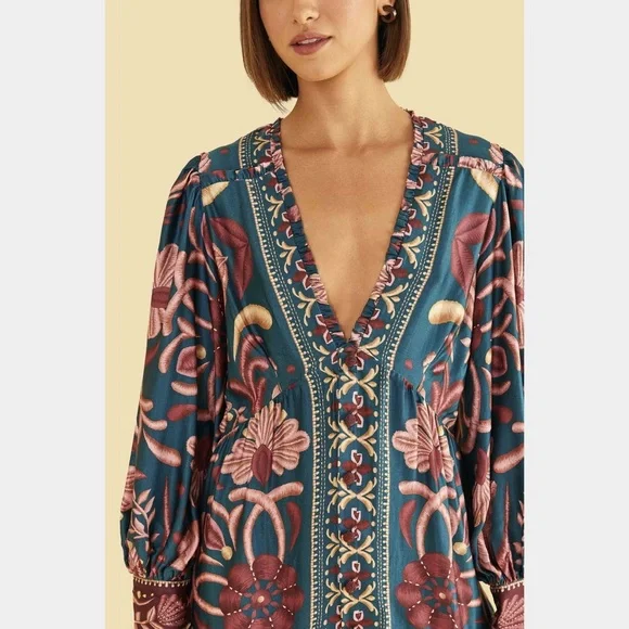 Farm Rio Teal Seashell Tapestry Lenzing™ Ecovero™ Viscose Mini Dress - Picture 2 of 10